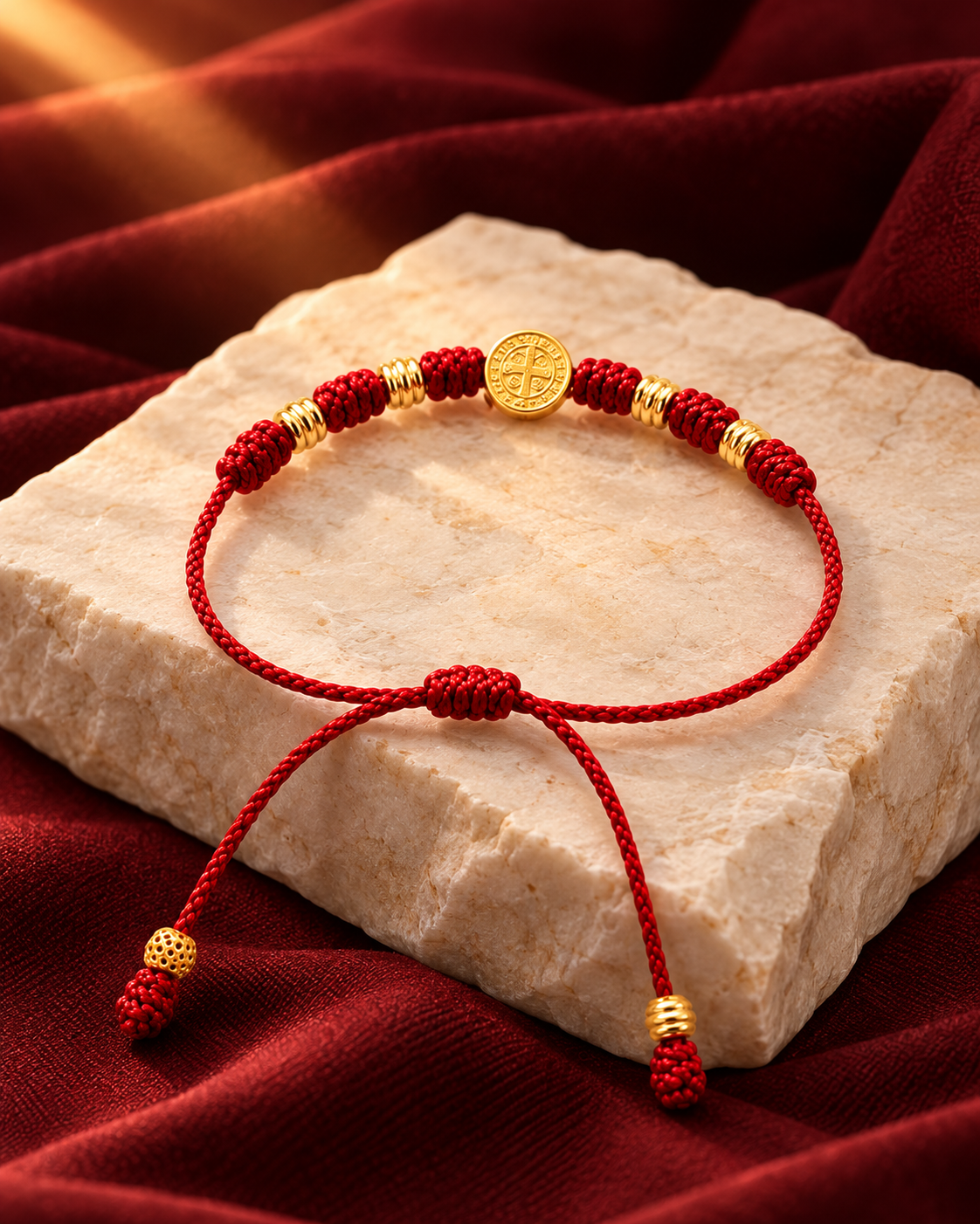 Pulsera roja de siete nudos con medalla de San Benito sobre piedra marfil y tela color vino