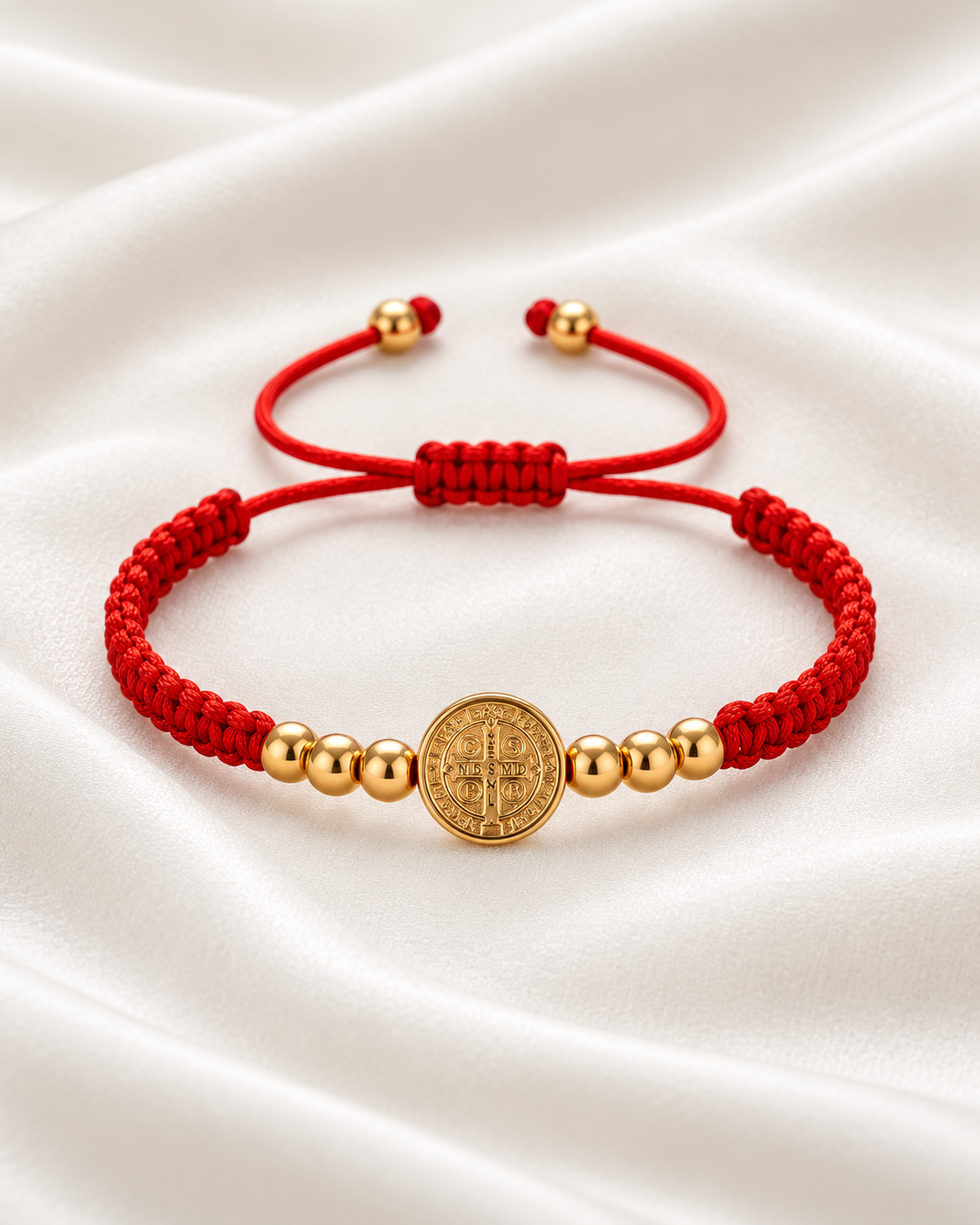 Pulsera roja tejida con medalla de San Benito y cuentas doradas