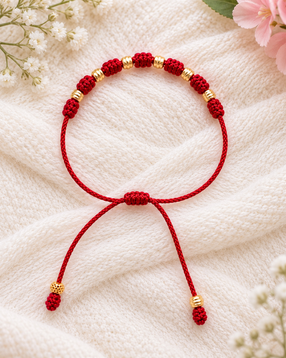 Pulsera de hilo rojo de siete nudos sin medalla, con detalles dorados y cierre tejido